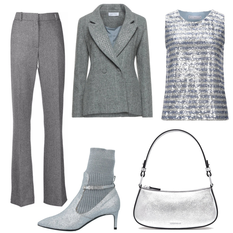 Outfit donna - Elegante con un tocco stravagante. Stile Trendy per Serata fuori. Abbinamento con stivaletti, blazer, top, borse a tracolla, pantaloni.