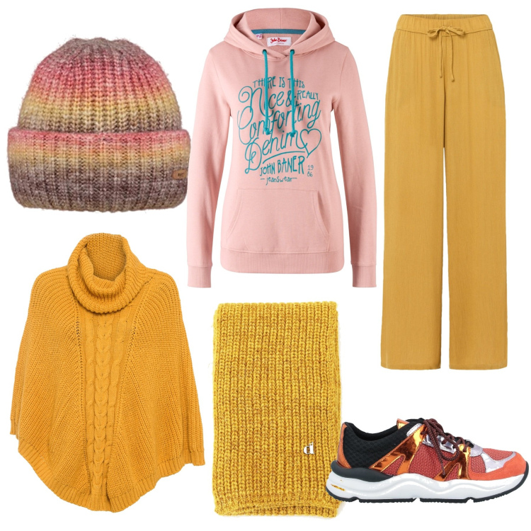 Outfit donna - Sporty and curvy. Stile Sporty chic per Tutti i giorni. Abbinamento con pantaloni, cappotti, felpe con cappuccio, sneakers, sciarpe, berretti.
