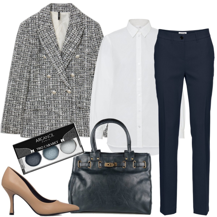 Outfit donna - In ufficio in blu. Stile Chic per Ufficio. Abbinamento con pantaloni, camicie, borse a mano, giacche, décolleté, ombretti.