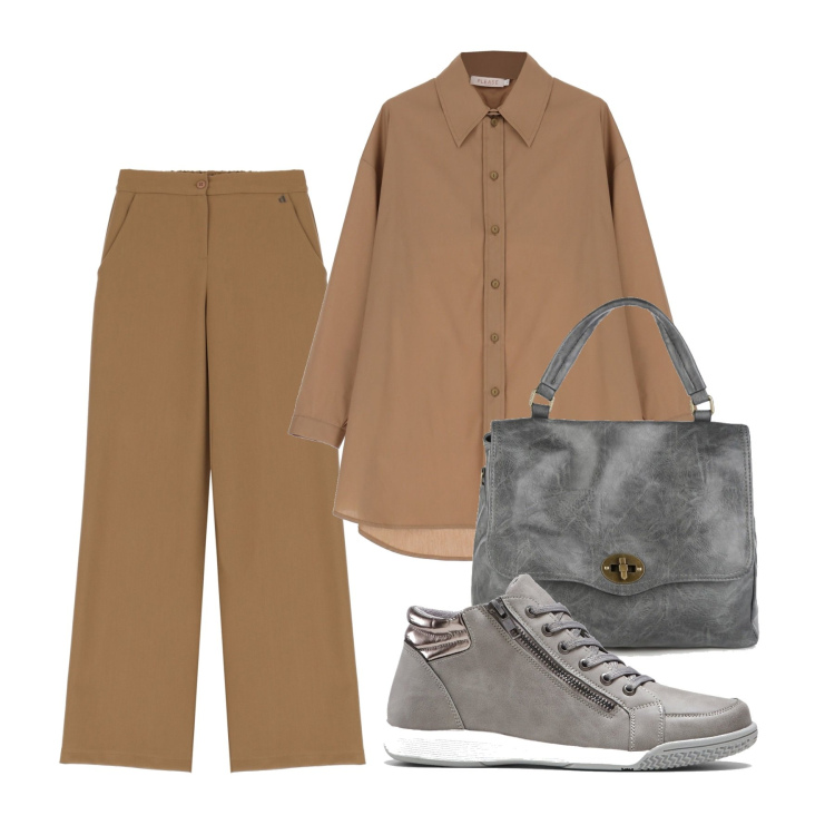 Outfit donna - In giro. Stile Basic per Tutti i giorni. Abbinamento con sneakers alte, borse a mano, camicie, pantaloni.