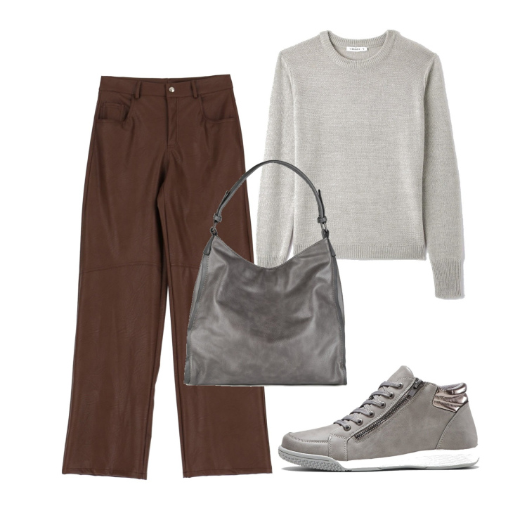 Outfit donna - In giro. Stile Basic per Tutti i giorni. Abbinamento con sneakers alte, borse a spalla, maglieria, pantaloni.