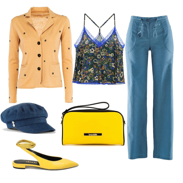 Outfit donna - Primavera. Stile Trendy per Tutti i giorni. Abbinamento con pantaloni a palazzo, cappelli, sandali, top, blazer, borse a tracolla.