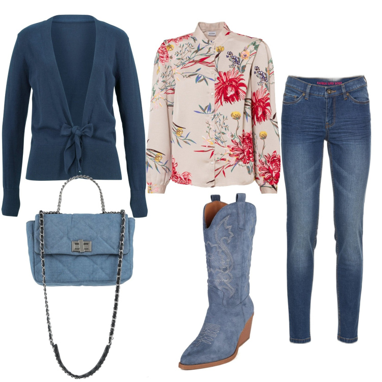 Outfit donna - Fiori e Texas. Stile Etnico per Tutti i giorni. Abbinamento con jeans skinny, cardigans, camicie, borse a mano, stivaletti texani.