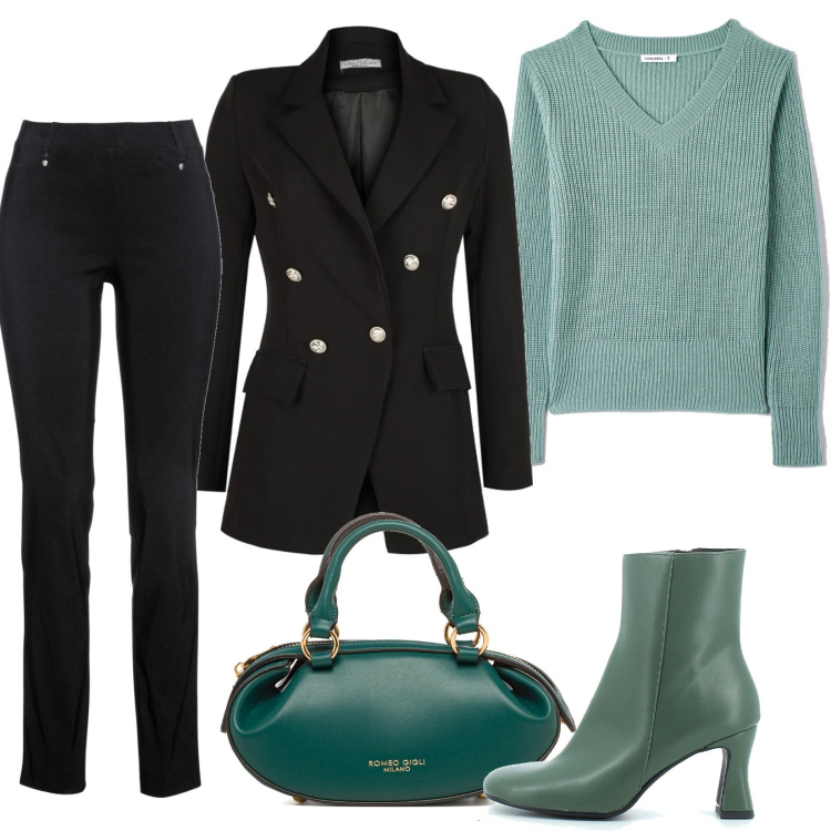 Outfit donna - Nero e verde. Stile Trendy per Tutti i giorni. Abbinamento con pantaloni, maglieria, blazer, stivaletti, borse a mano.