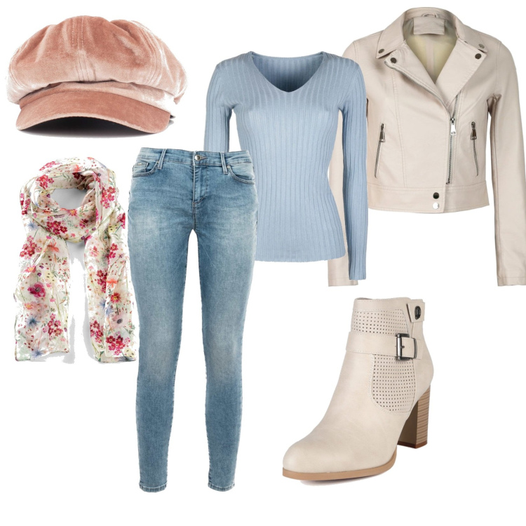 Outfit donna - Cappllino primaverile. Stile Casual per Tutti i giorni. Abbinamento con foulard, giacche, stivaletti, pullovers, jeans skinny, cappelli con visiera.