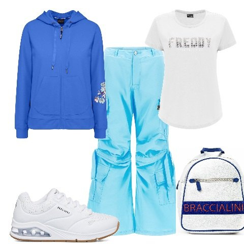 Outfit donna - Sportiva in azzurro e celeste. Stile Casual per Tutti i giorni. Abbinamento con pantaloni cargo, felpe con cappuccio, t-shirt, zaini, sneakers.