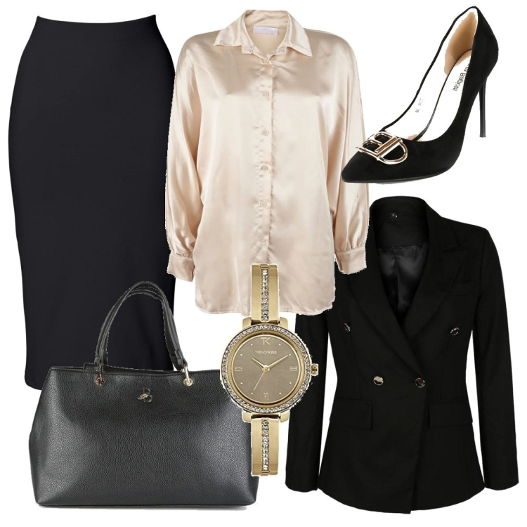Outfit donna - Formalità in ufficio. Stile Chic per Ufficio. Abbinamento con gonne longuette, camicie, blazer, borse a mano, décolleté, orologi.