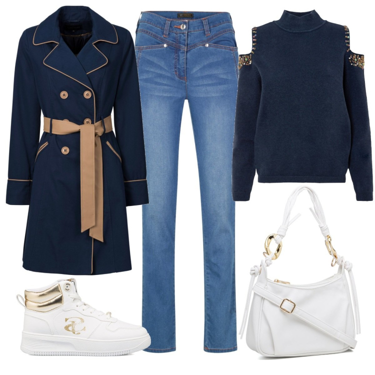 Outfit donna - Total look #1544621. Stile Trendy per Tutti i giorni. Abbinamento con trench, maglieria, jeans, sneakers alte, borse a mano.