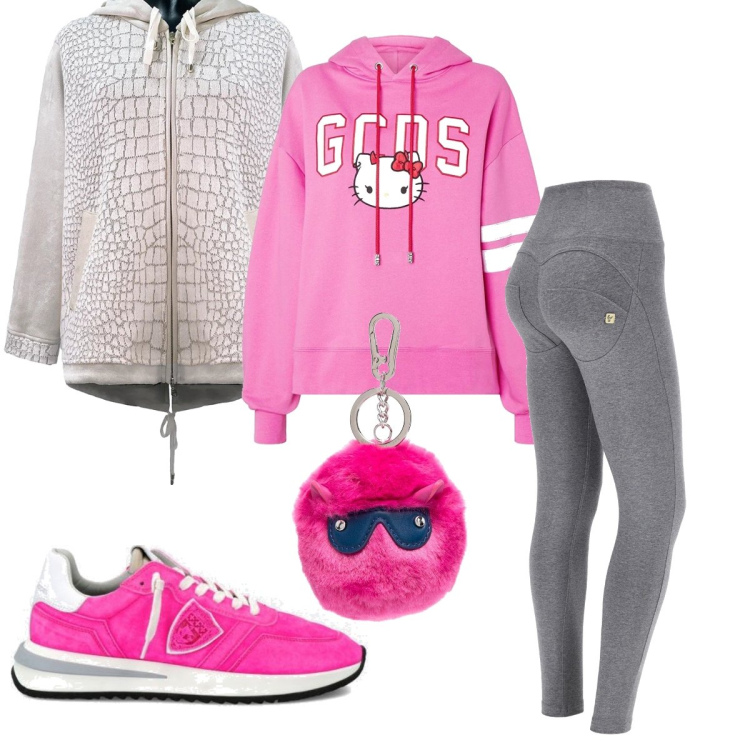 Outfit donna - Sport al freddo. Stile Sporty chic per Sport. Abbinamento con felpe con cappuccio, sneakers, felpe, portachiavi, pantaloni skinny.