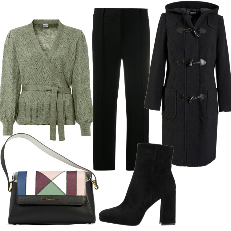 Outfit donna - Scaldacuore raffinato. Stile Casual chic per Tutti i giorni. Abbinamento con maglieria, montgomery, stivaletti, borse a tracolla, pantaloni.