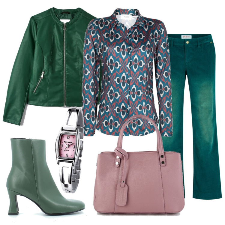 Outfit donna - In ufficio con la camicia fantasia. Stile Bon Ton per Ufficio. look ideale per Petite. Abbinamento con pantaloni, cappotti, camicie, borse a mano, stivaletti, orologi.