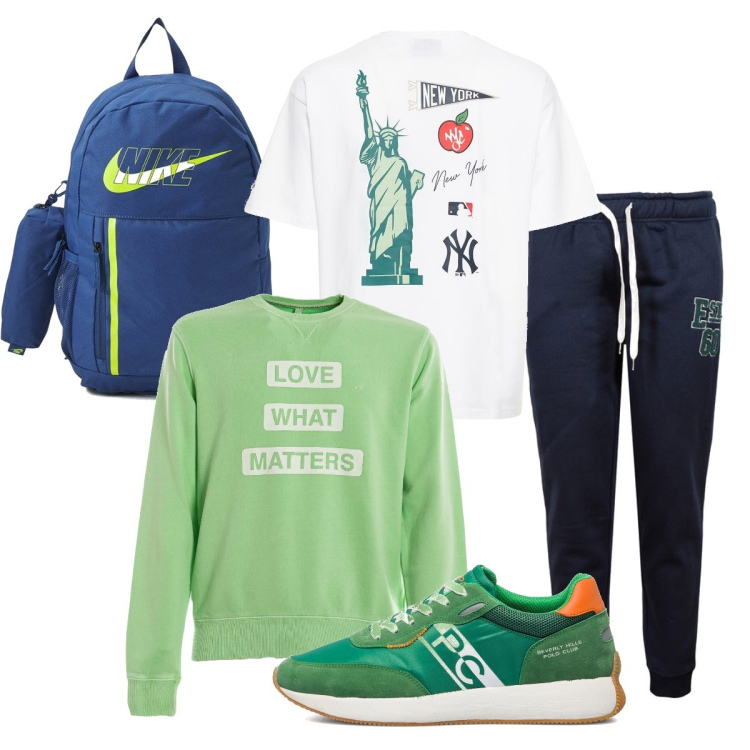 Outfit uomo - Pronto per la gita. Stile Urban per Tutti i giorni. Abbinamento con pantaloni, borse sportive, felpe con cappuccio, sneakers, t-shirt.