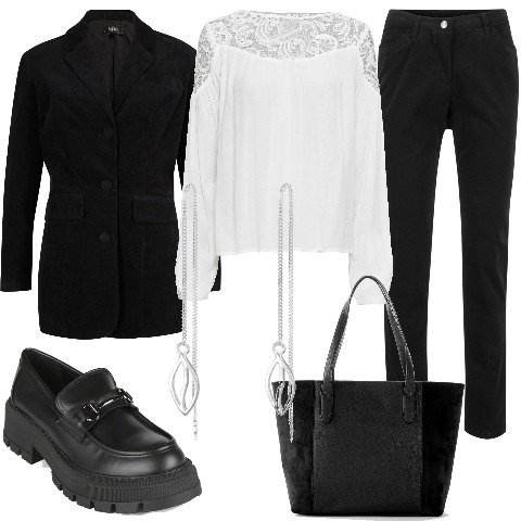 Outfit donna - Nel nuovo ufficio ambiente molto formale. Stile Chic per Ufficio. Abbinamento con pantaloni, shopping bag, tuniche, blazer, mocassini, orecchini.