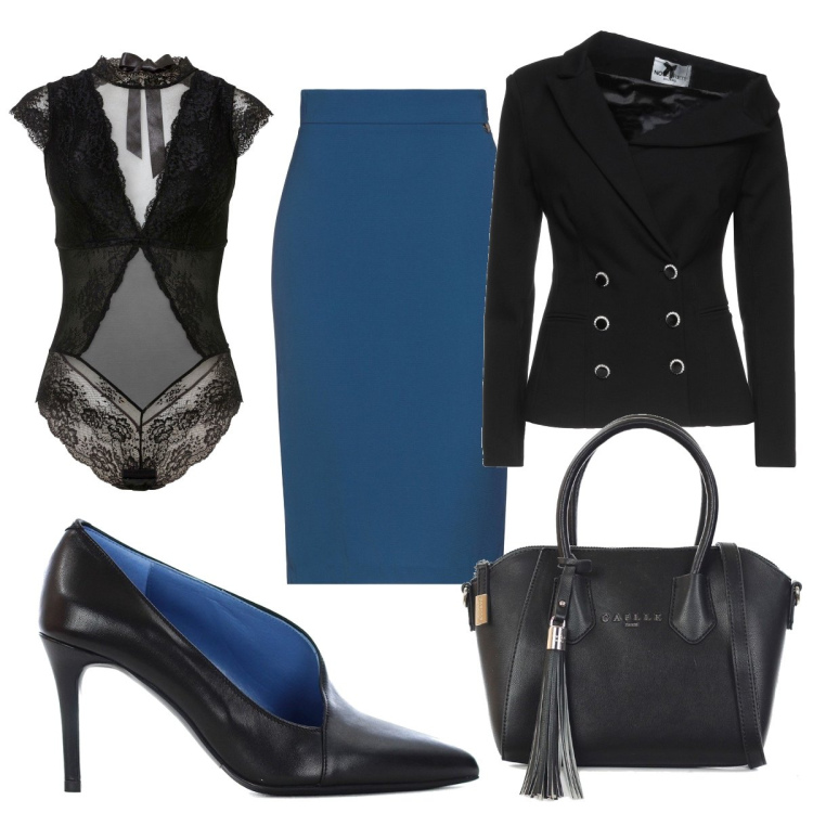 Outfit donna - Evento importante. Stile Chic per Cerimonia. Abbinamento con body, gonne longuette, blazer, décolleté, borse a mano.