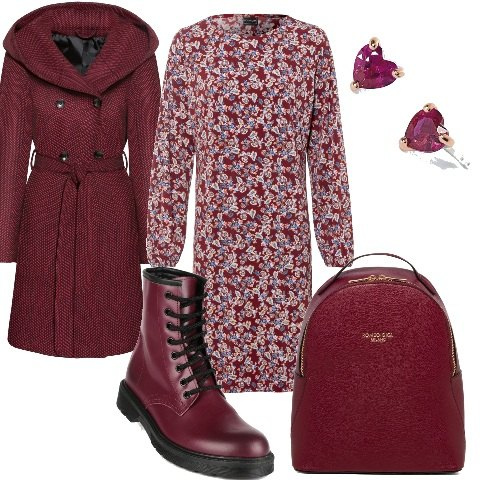 Outfit donna - Vestito fiorato e anfibi. Stile Trendy per Tutti i giorni. Abbinamento con cappotti, vestiti, anfibi, orecchini, zaini.