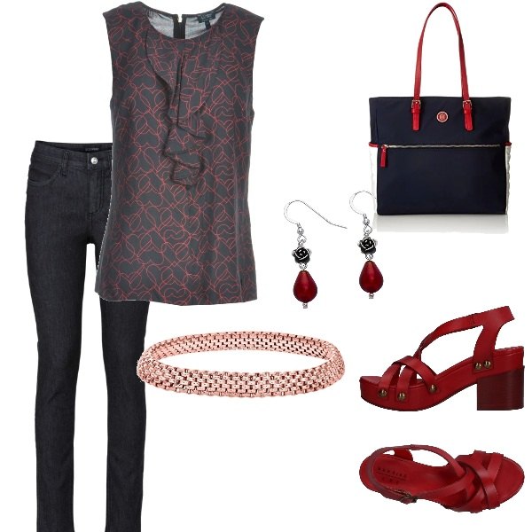 Outfit donna - Basic #14224. Stile Basic per Tutti i giorni. Abbinamento con jeans skinny, top fantasia con ruches collo tondo senza maniche con zip in viscosa, sandali con borchie e tacco squadrato con fibbia e punta tonda tinta unita, borsa tote blu, orecchini in argento 925, bracciale in oro rosa certificato autenticità argento.