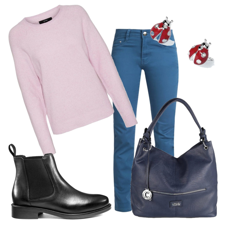 Outfit donna - Casual #4121. Stile Casual per Ufficio. Abbinamento con borse a spalla, pantaloni, orecchini, stivaletti, pullovers.