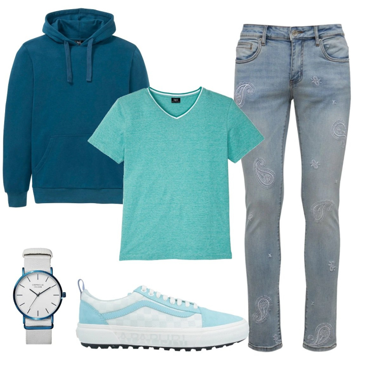 Outfit uomo - Con il cappuccio BPC. Stile Urban per Tutti i giorni. Abbinamento con felpe con cappuccio, t-shirt, sneakers, jeans, orologi analogici.
