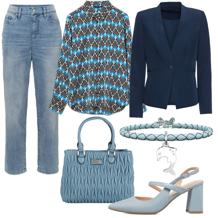 Outfit donna - I colori del mare. Stile Trendy per Ufficio. Abbinamento con blazer, jeans mom, borse a mano, braccialetti, camicie, décolleté.