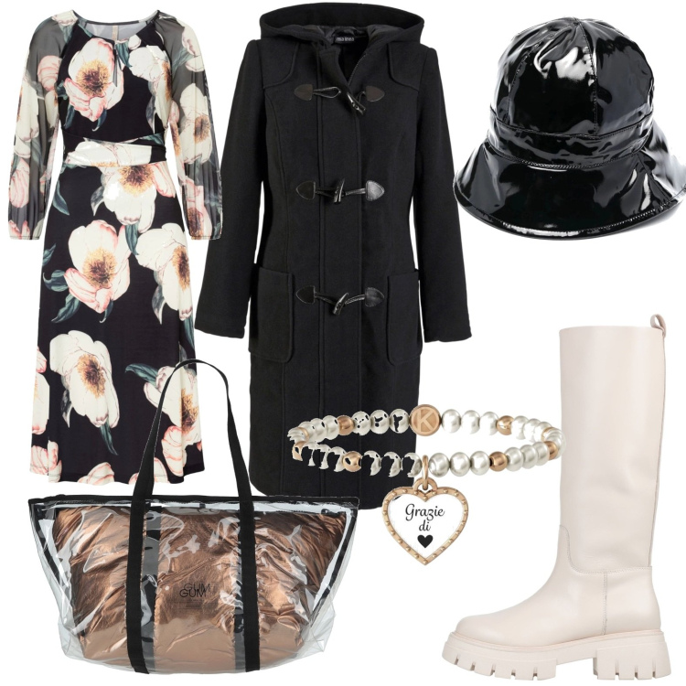 Outfit donna - A spasso con la pioggia. Stile Urban per Tutti i giorni. Abbinamento con montgomery, vestiti midi/longuette, stivali, borse a spalla, braccialetti, cappelli.