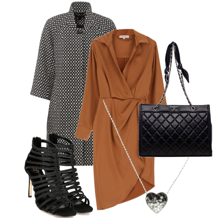 Outfit donna - Io vestito asimmetrico. Stile Chic per Ufficio. Abbinamento con vestiti, collane, sandali in pelle, vestiti asimmetrici, borse a spalla.