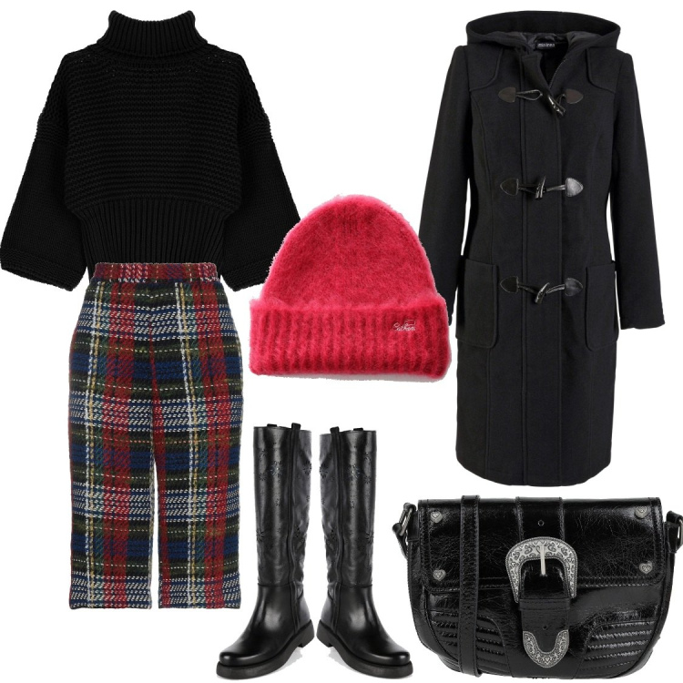 Outfit donna - Total look. Stile Urban per Tutti i giorni. Abbinamento con montgomery, pantaloni capri, borse a tracolla, stivali, cappelli, maglieria.