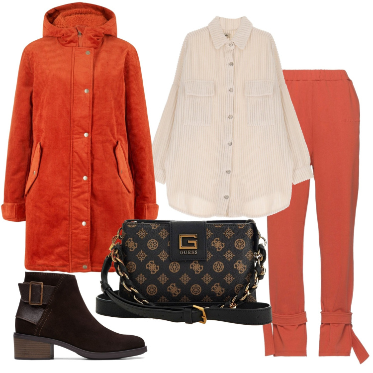 Outfit donna - I pantaloni con i lacci. Stile Basic per Ufficio. Abbinamento con parka, pantaloni, camicie, stivaletti, borse a tracolla.