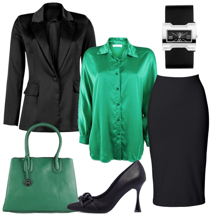 Outfit donna - Chic per l’ufficio. Stile Chic per Ufficio. Abbinamento con gonne longuette, camicie, blazer, borse a mano, décolleté, orologi.