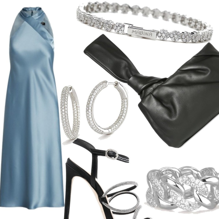 Outfit donna - Elegante ma non troppo. Stile Glamour per Cerimonia. look ideale per Petite. Abbinamento con orecchini, braccialetti, anelli, sandali gioiello, vestiti, pochette.