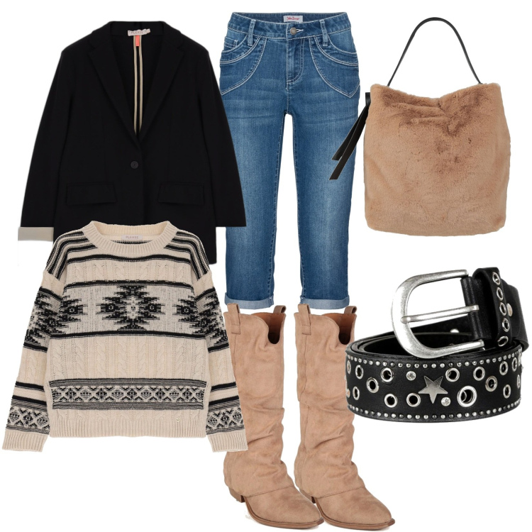Outfit donna - Giornata di sole ai colli. Stile Casual chic per Tutti i giorni. Abbinamento con jeans dritti, borse a mano, stivali, cinture, giacche, pullovers.