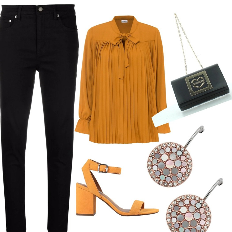 Outfit donna - Per una serata con amici. Stile Casual per Serata fuori. Abbinamento con bluse, sandali col tacco, pantaloni skinny, clutch, orecchini.