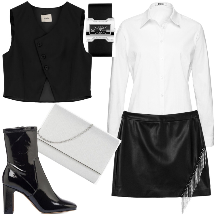 Outfit donna - Strong personalities. Stile Urban per Tutti i giorni. Abbinamento con camicie, pochette, minigonne, stivaletti, gilet, orologi.