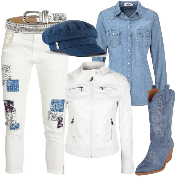 Outfit donna - Stivali Texani blu denim. Stile Casual per Scuola/Università. Abbinamento con camicie, cappelli, jeans slim fit, stivaletti texani, giacche, cinture.