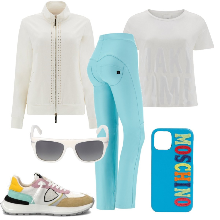 Outfit donna - In preparazione alla gara. Stile Sporty chic per Sport. Abbinamento con pantaloni, felpe, t-shirt, sneakers, cover telefono, occhiali da sole.