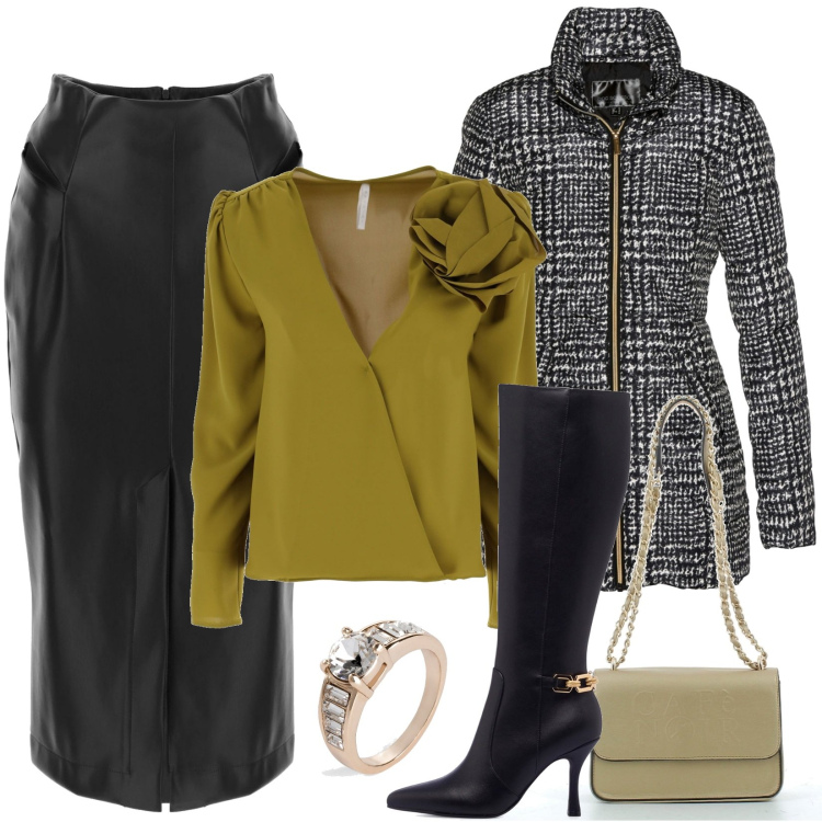Outfit donna - Anello con cristalli. Stile Trendy per Serata fuori. Abbinamento con giacche, anelli, bluse, gonne longuette, borse a tracolla, stivali sopra il ginocchio.