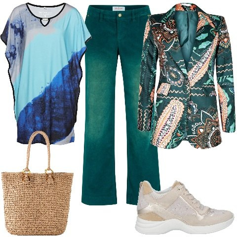 Outfit donna - Pattern Rules; Sardegna. Stile Glamour per Tutti i giorni. Abbinamento con pantaloni, tuniche, shopping bag, sneakers, blazer.