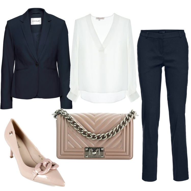 Outfit donna - Chic in blu per la cerimonia. Stile Chic per Cerimonia. Abbinamento con pantaloni, blazer, décolleté, borse a tracolla, bluse.