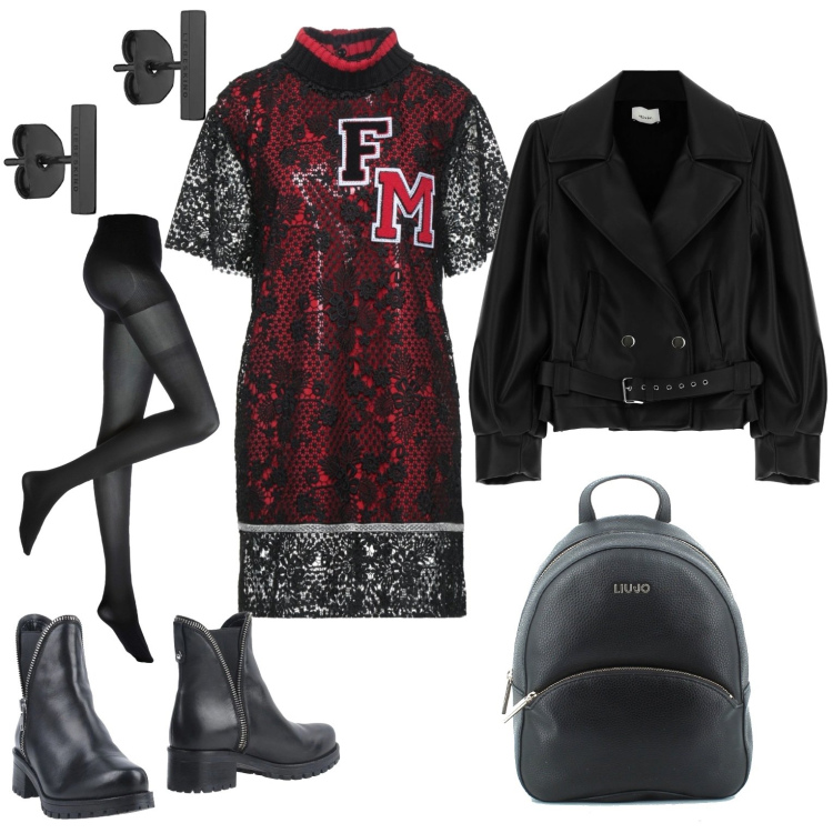 Outfit donna - Total look #1545893. Stile Casual chic per Tutti i giorni. Abbinamento con collant, stivaletti, vestiti corti, zaini, giacche, orecchini.