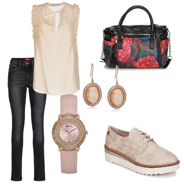 Outfit donna - Basic #14237. Stile Basic per Tutti i giorni. Abbinamento con jeans slim fit, top collo tondo tinta unita, scarpe rosa, borsetta nero, orologio con cinturino rosa, orecchini con zirconia forma ovale marrone.