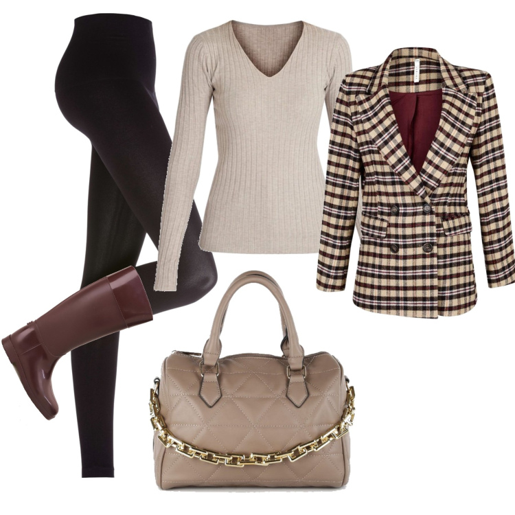 Outfit donna - Un giorno di pioggia. Stile Urban per Tutti i giorni. Abbinamento con leggings, blazer, pullovers, borse a mano, stivali.