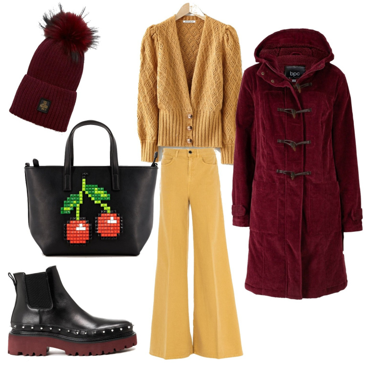 Outfit donna - Cappello speciale. Stile Casual chic per Tutti i giorni. Abbinamento con montgomery, cardigans, berretti, jeans dritti, borse a mano, stivaletti.