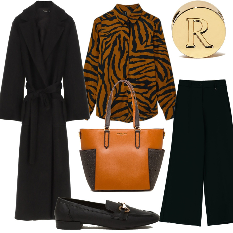 Outfit donna - R Style. Stile Basic per Ufficio. Abbinamento con cappotti, mocassini, camicie, braccialetti, pantaloni, borse a spalla.