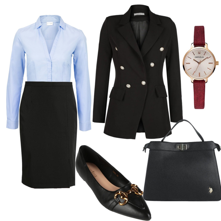 Outfit donna - Colloquio di lavoro. Stile Bon Ton per Ufficio. Abbinamento con camicie, borse a mano, blazer, ballerine, gonne lunghe, orologi analogici.
