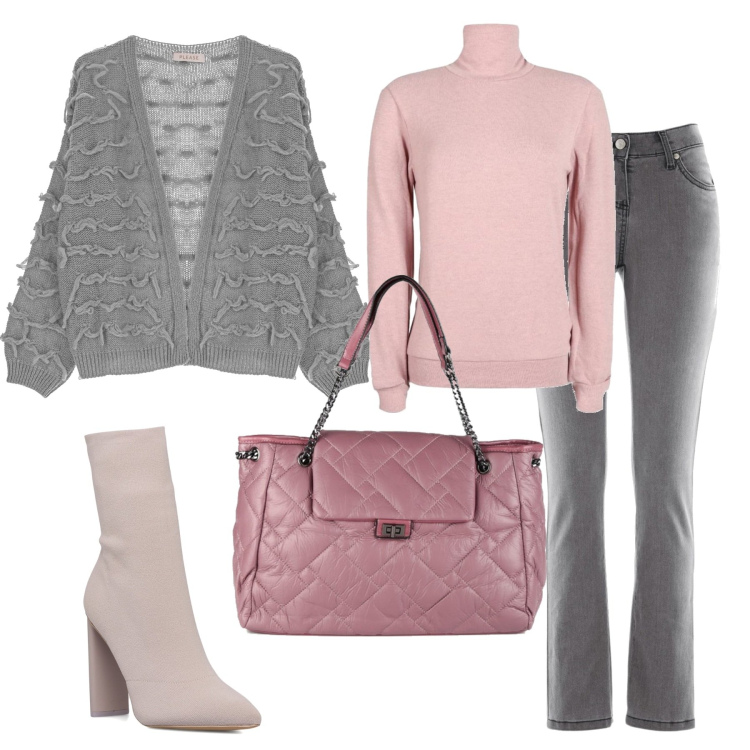 Outfit donna - Un po\' di rosa. Stile Basic per Tutti i giorni. Abbinamento con jeans slim fit, maglieria, borse a spalla, cardigans, stivaletti.