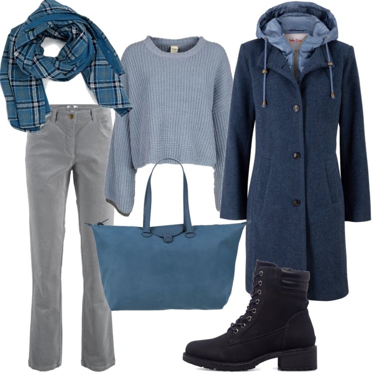 Outfit donna - In città. Stile Basic per Tutti i giorni. Abbinamento con cappotti, pantaloni, borse a mano, maglieria, sciarpe, anfibi.