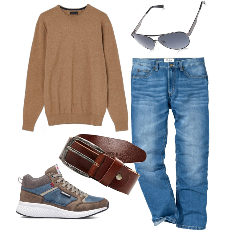 Outfit uomo - Azzurro carico e biscotto. Stile Casual per Tutti i giorni. Abbinamento con jeans dritti, maglieria, sneakers alte, occhiali da sole, cinture.