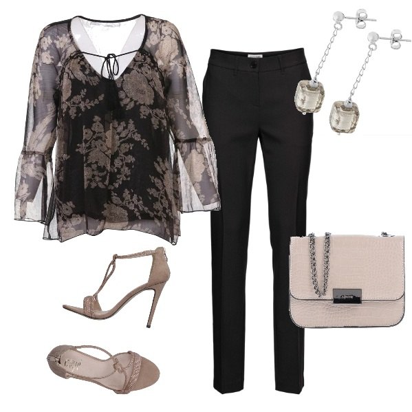 Outfit donna - Chic #13007. Stile Chic per Serata fuori. Abbinamento con pantaloni, sandali pelle con strass effetto scamosciato con zip e punta tonda tinta unita, borsa a tracolla petit con stampa in pelle sintetica tinta unita, blusa fantasia floreale, orecchini pendenti con zirconia in sterling 925 argento.