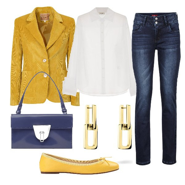 Outfit donna - Total look #1546635. Stile Sporty chic per Ufficio. Abbinamento con jeans, ballerine, clutch, giacche, camicie, orecchini.