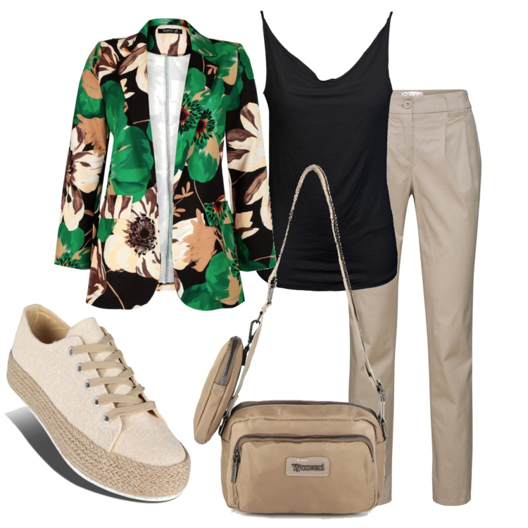 Outfit donna - Voglia di colore. Stile Glamour per Ufficio. Abbinamento con pantaloni chino, blazer, sneakers, top, borse a mano.