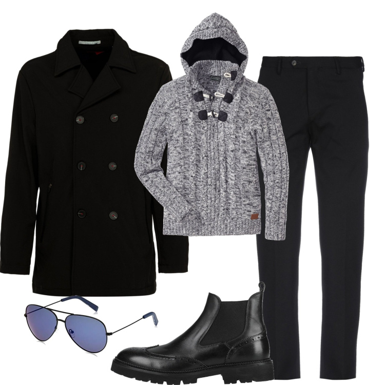 Outfit uomo - Il cappotto scuola nautica. Stile Casual per Tutti i giorni. Abbinamento con maglieria, pantaloni, stivali e stivaletti, trench, occhiali da sole.
